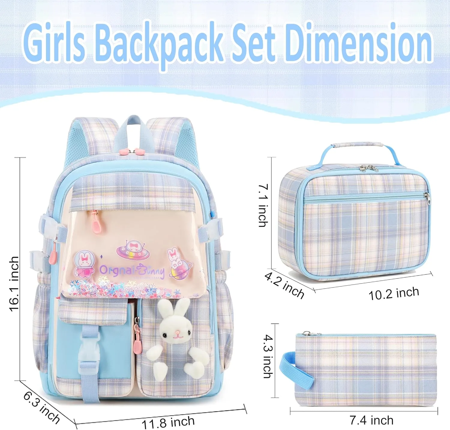 Gazigo Girls Backpack with Lunch Box for Elementary School, 3PCS School Backpack for Girls 8-10, Kawaii Bunny Kids Backpack (Plaid Blue)