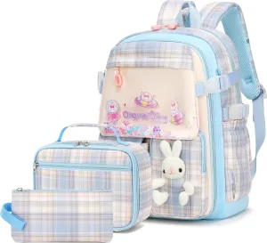 Gazigo Girls Backpack with Lunch Box for Elementary School, 3PCS School Backpack for Girls 8-10, Kawaii Bunny Kids Backpack (Plaid Blue)