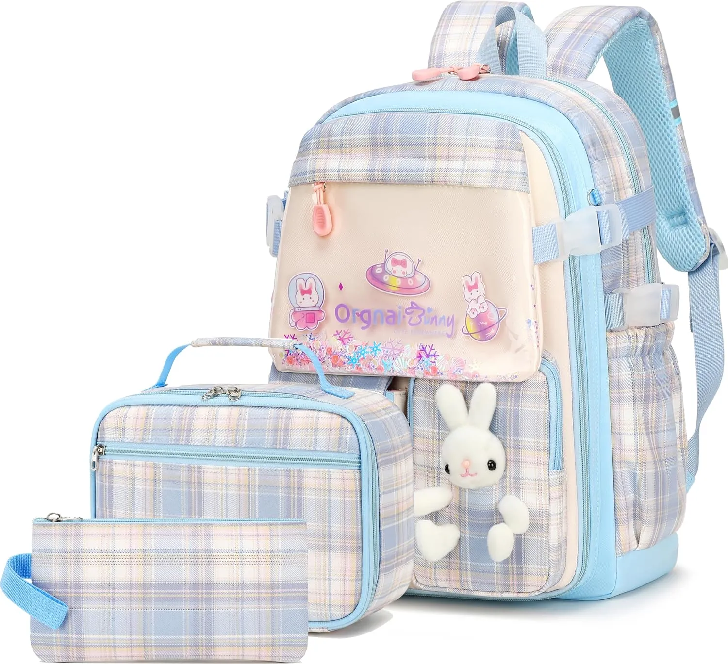 Gazigo Girls Backpack with Lunch Box for Elementary School, 3PCS School Backpack for Girls 8-10, Kawaii Bunny Kids Backpack (Plaid Blue)