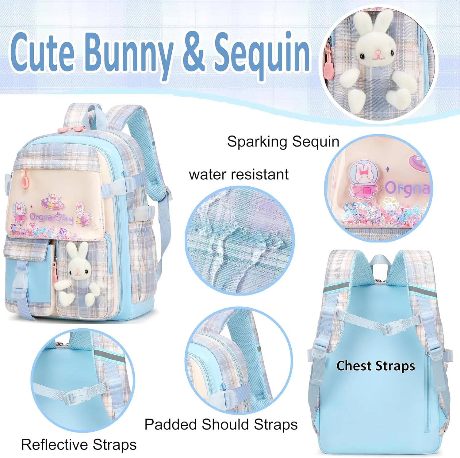 Gazigo Girls Backpack with Lunch Box for Elementary School, 3PCS School Backpack for Girls 8-10, Kawaii Bunny Kids Backpack (Plaid Blue)