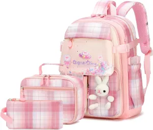 Gazigo Girls Backpack with Lunch Box for Elementary School, 3PCS School Backpack for Girls 8-10, Kawaii Bunny Kids Backpack (Plaid Pink)