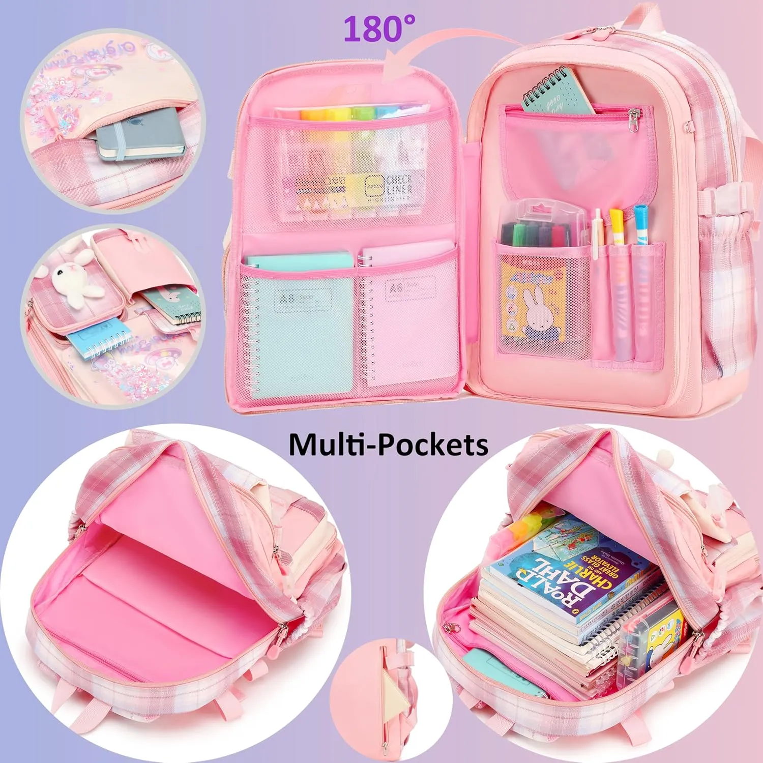 Gazigo Girls Backpack with Lunch Box for Elementary School, 3PCS School Backpack for Girls 8-10, Kawaii Bunny Kids Backpack (Plaid Pink)