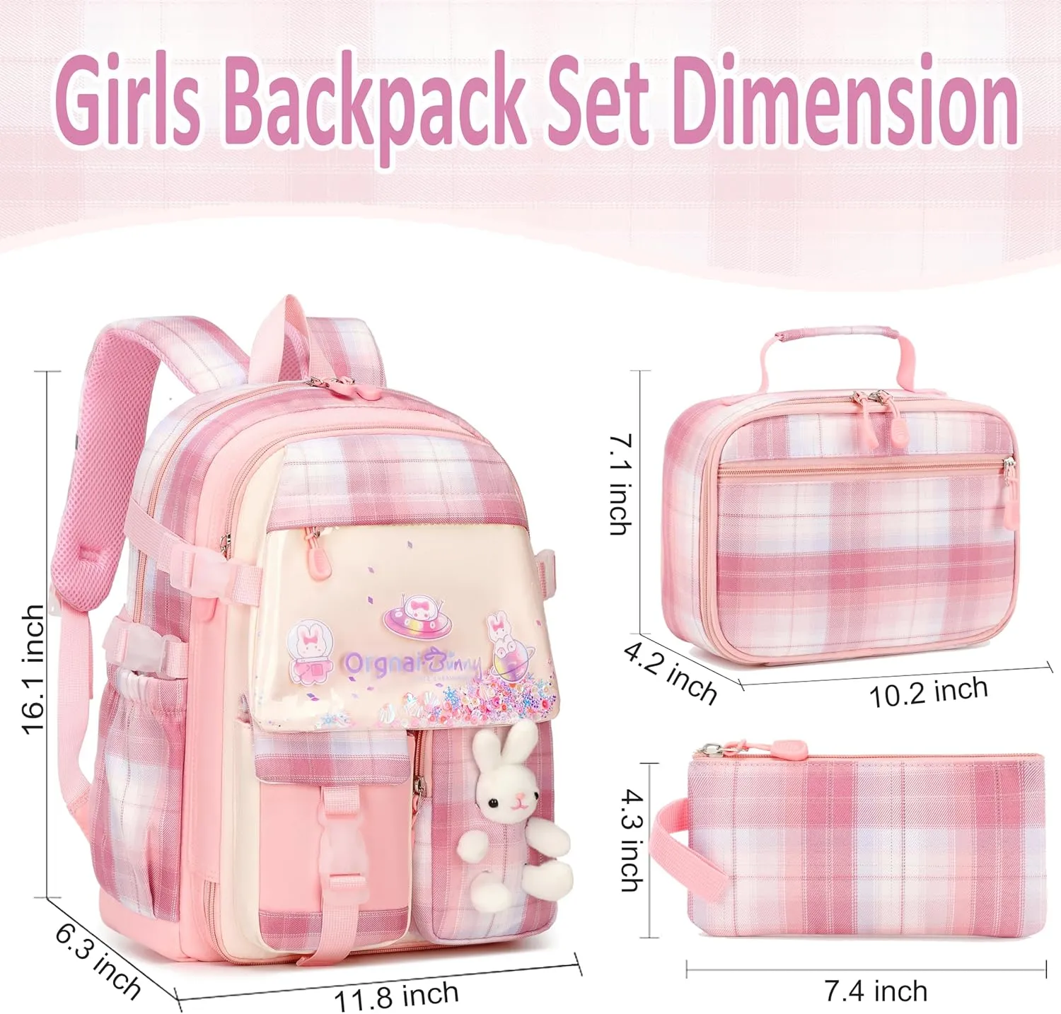 Gazigo Girls Backpack with Lunch Box for Elementary School, 3PCS School Backpack for Girls 8-10, Kawaii Bunny Kids Backpack (Plaid Pink)