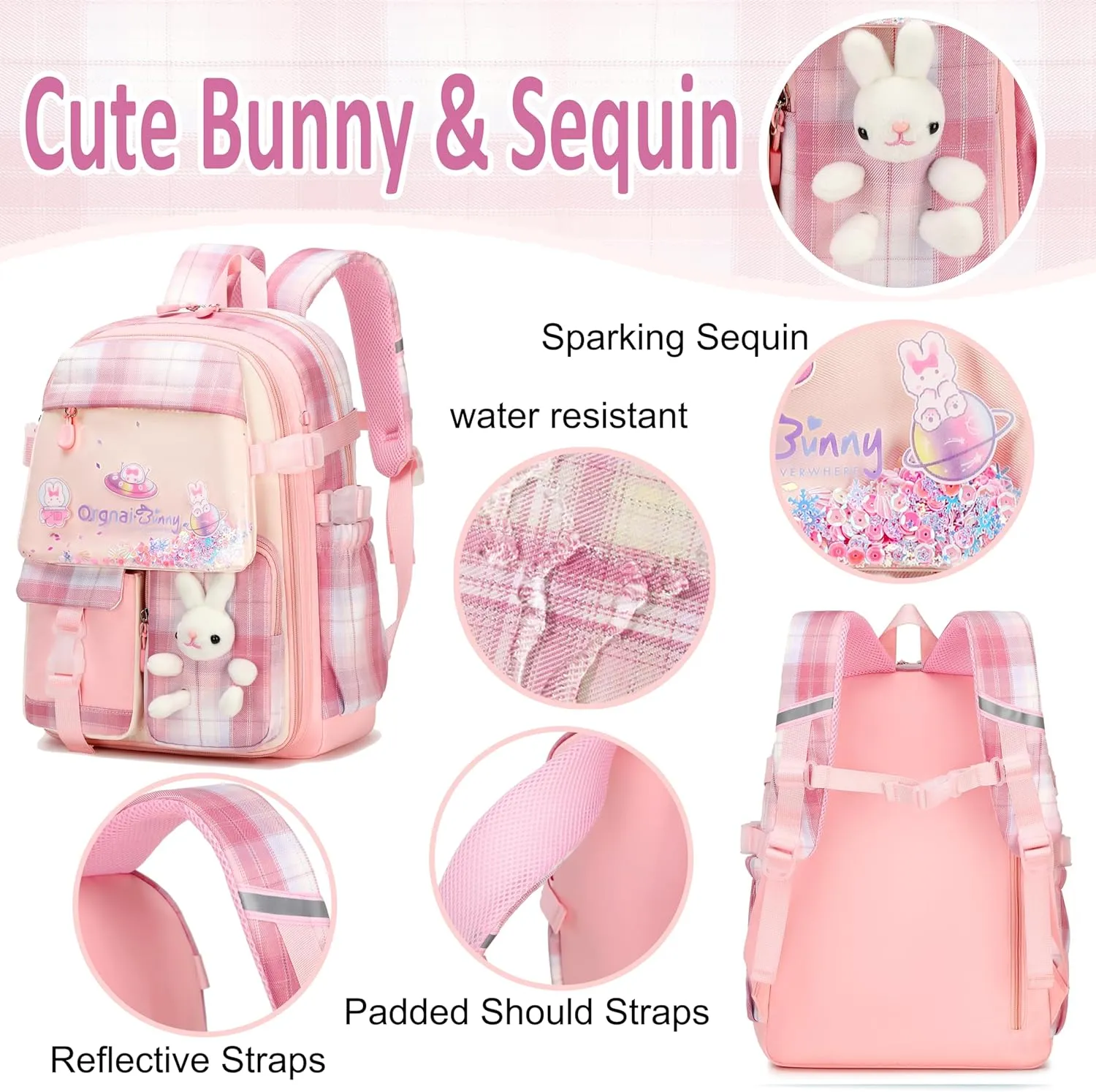 Gazigo Girls Backpack with Lunch Box for Elementary School, 3PCS School Backpack for Girls 8-10, Kawaii Bunny Kids Backpack (Plaid Pink)