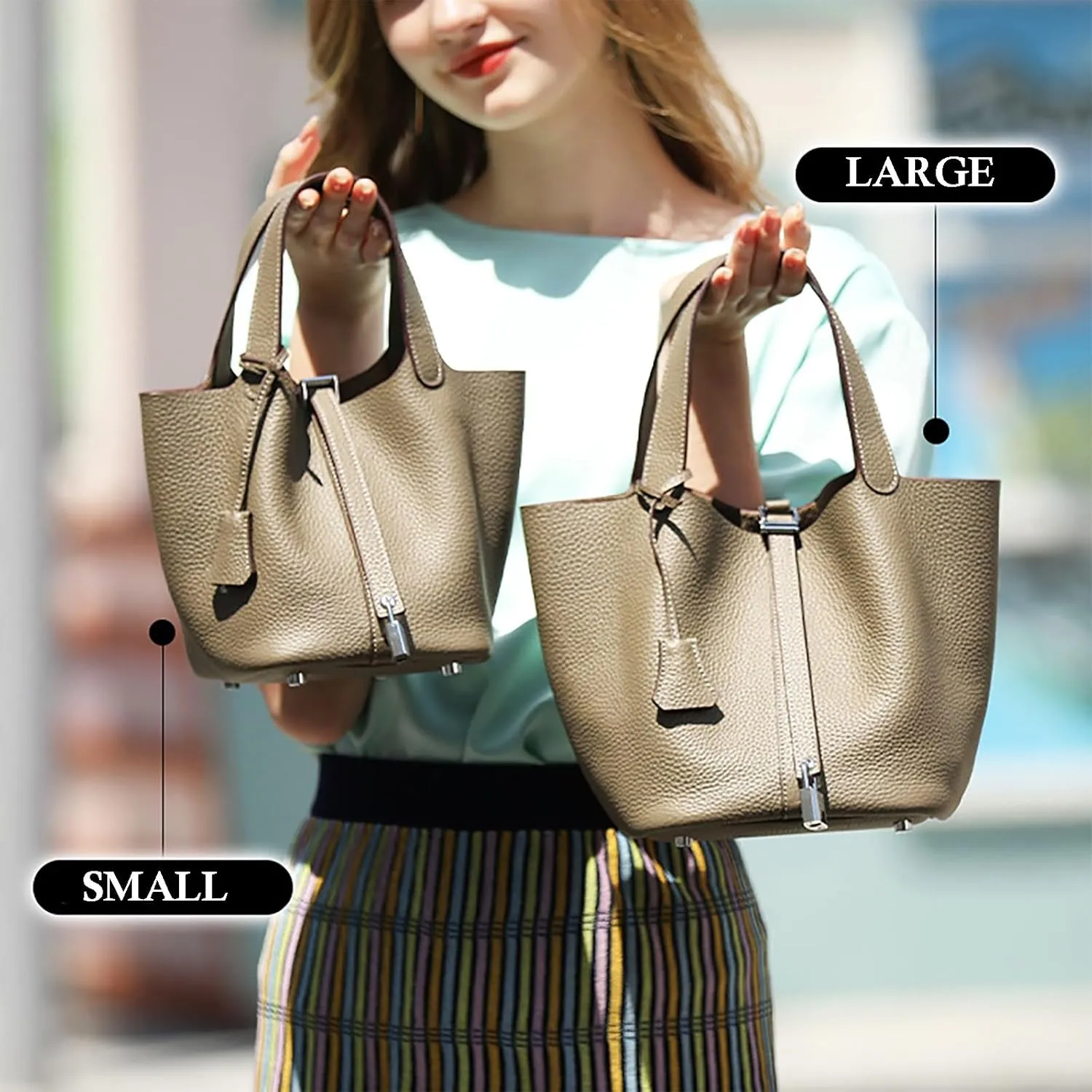 Genuine Leather Soft Bucket Bag for Women Fashion Lock Design Handbags Vegetable Basket Satchel with Top Handle Bags(Black (Silver Lock),Large)