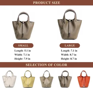 Genuine Leather Soft Bucket Bag for Women Fashion Lock Design Handbags Vegetable Basket Satchel with Top Handle Bags(Black (Silver Lock),Large)