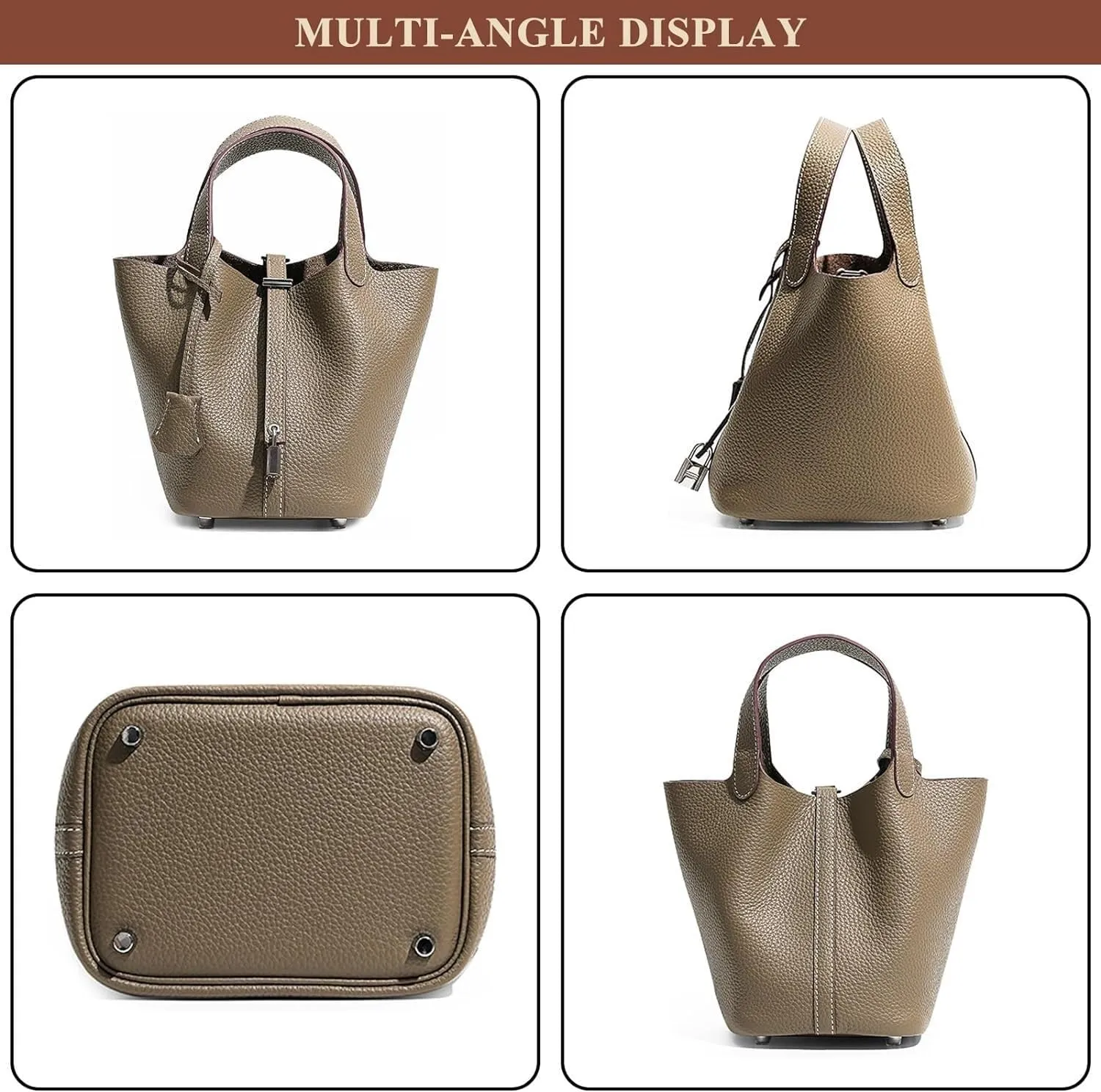 Genuine Leather Soft Bucket Bag for Women Fashion Lock Design Handbags Vegetable Basket Satchel with Top Handle Bags(Black (Silver Lock),Large)