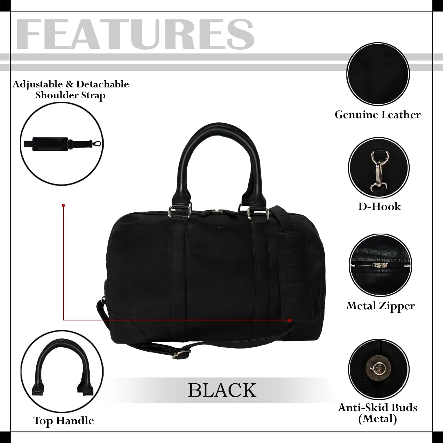Genuine Leather Unisex Travel Duffel Bag, Shoulder Weekender Overnight Luggage Bag (Black)