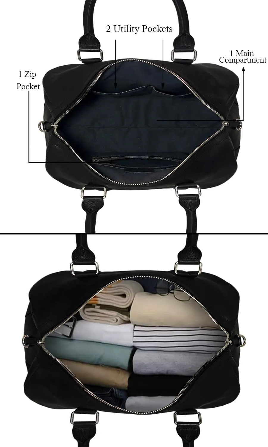 Genuine Leather Unisex Travel Duffel Bag, Shoulder Weekender Overnight Luggage Bag (Black)