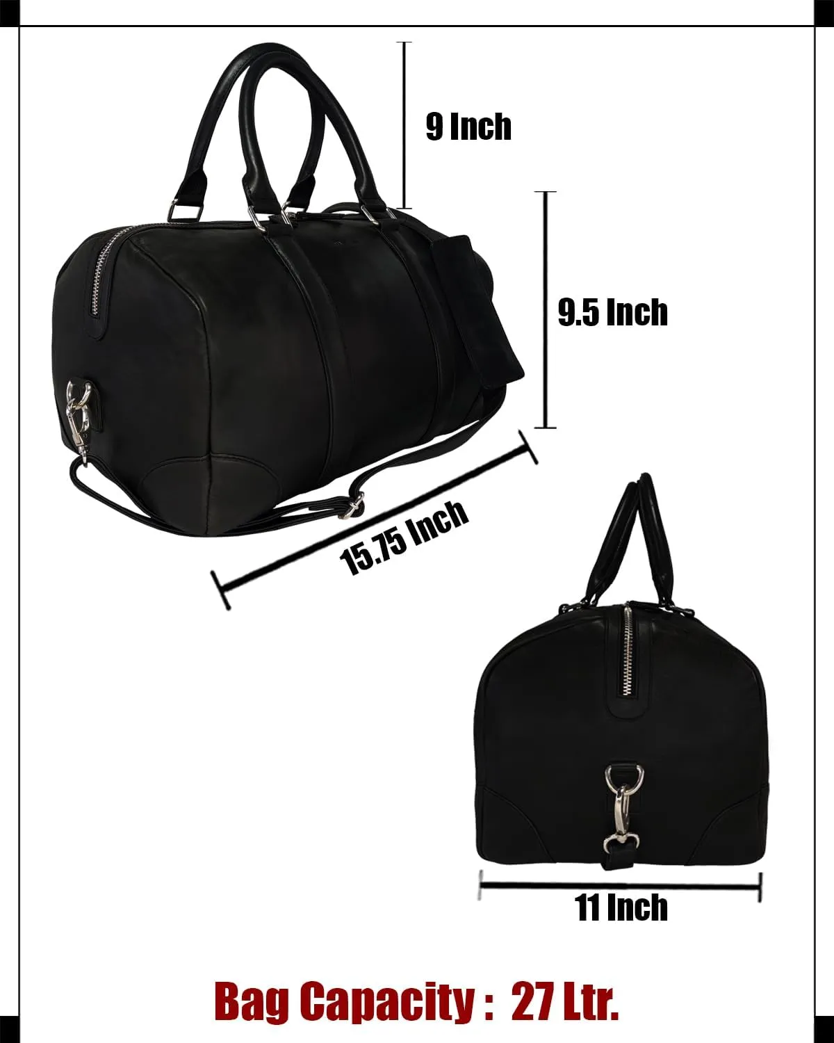 Genuine Leather Unisex Travel Duffel Bag, Shoulder Weekender Overnight Luggage Bag (Black)