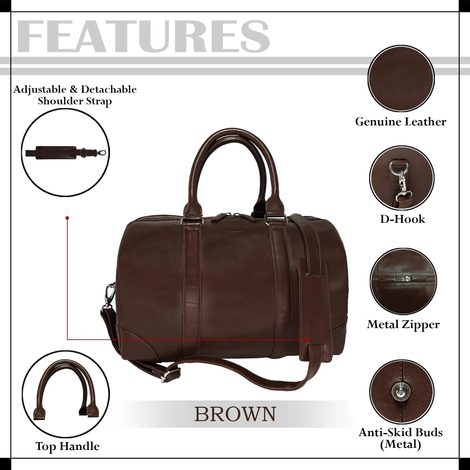 Genuine Leather Unisex Travel Duffel Bag, Shoulder Weekender Overnight Luggage Bag (Brown)