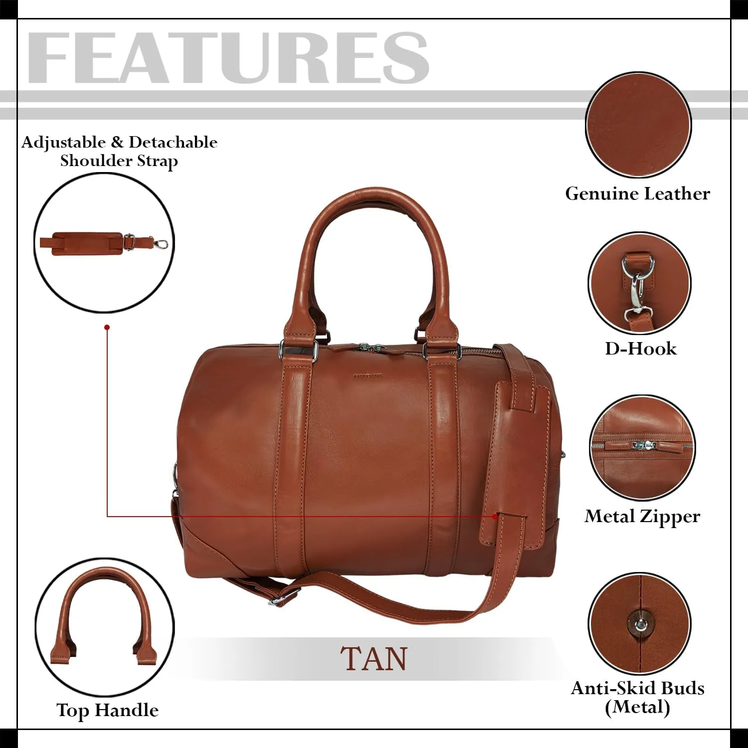 Genuine Leather Unisex Travel Duffel Bag, Shoulder Weekender Overnight Luggage Bag (Tan)