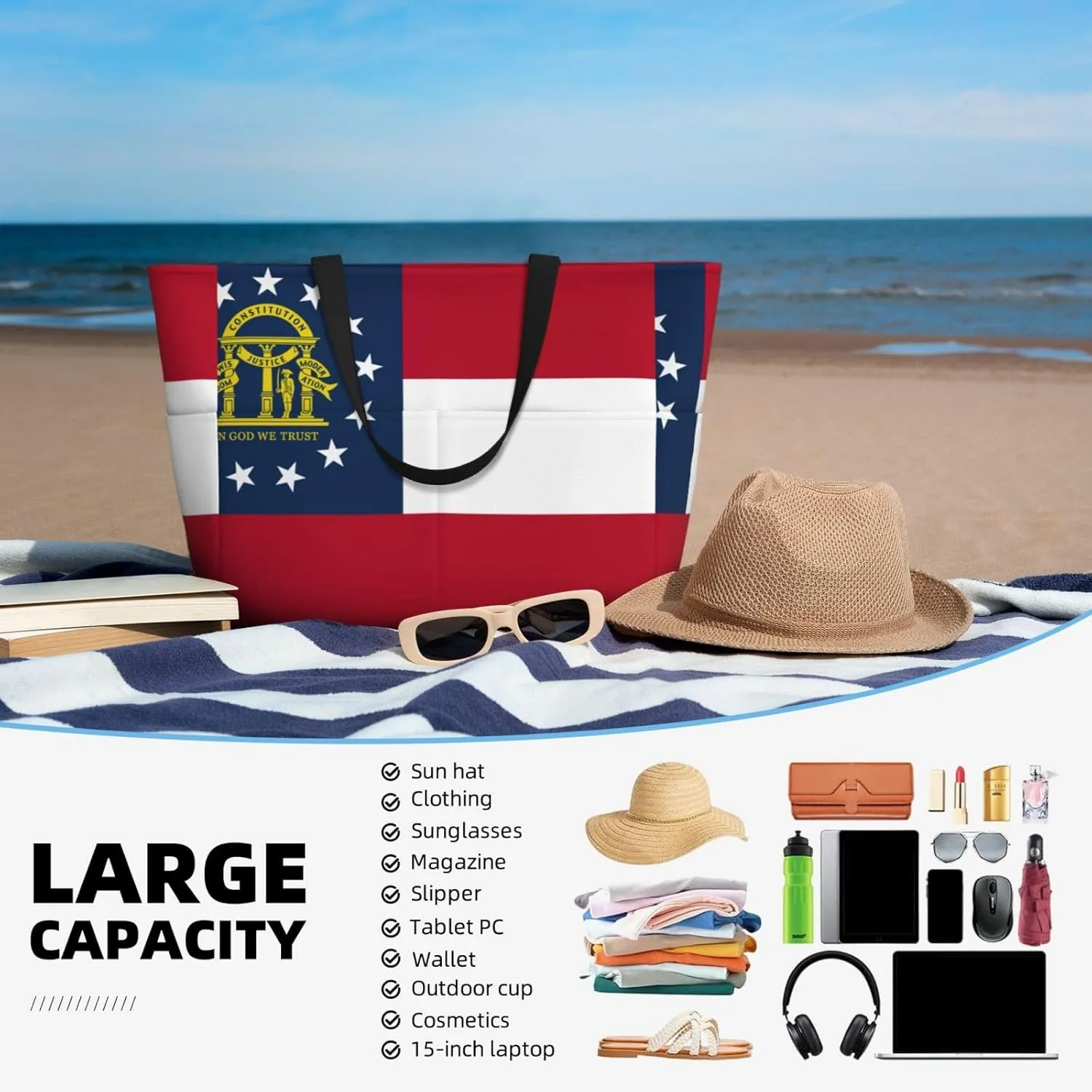 Georgia Flag Large Capacity Foldable Tote Bag Women Beach Tote Bag Handbag Gym Bag Travel Shopping Bag