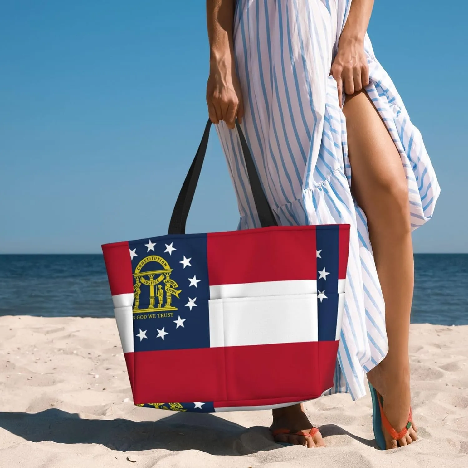 Georgia Flag Large Capacity Foldable Tote Bag Women Beach Tote Bag Handbag Gym Bag Travel Shopping Bag