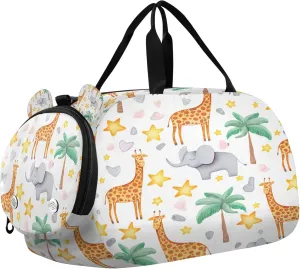 Giraffes Elephant Youth Sports & Travel Duffle Bag with Shoe Compartment,Waterproof Gym Bag for Girls and Boys (Overnight Essentials Organizer)