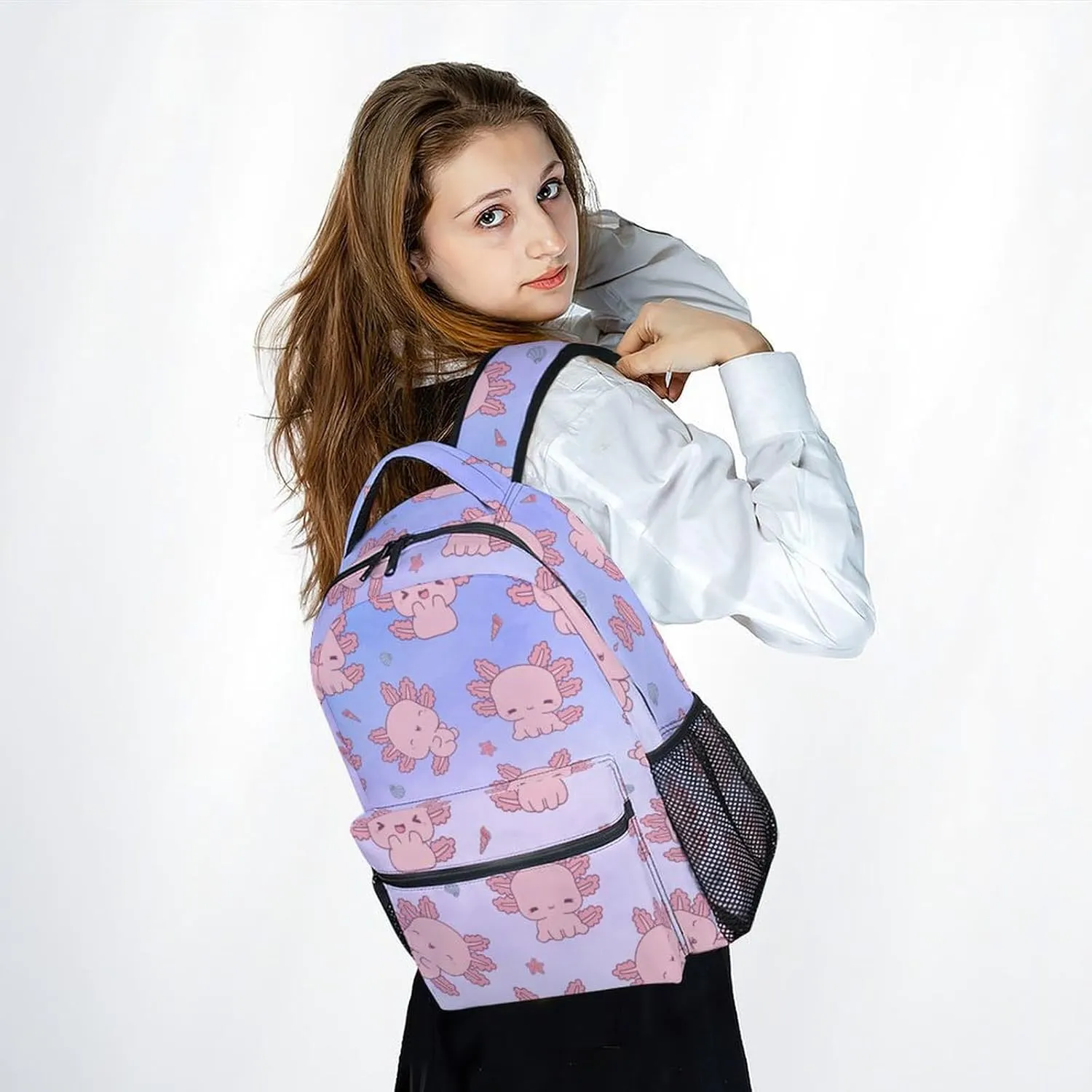 Girls Backpack - 17 Inch Large Capacity Axolotl Bookbag - Lightweight Kids' Backpacks for Elementary, Preschool & Travel