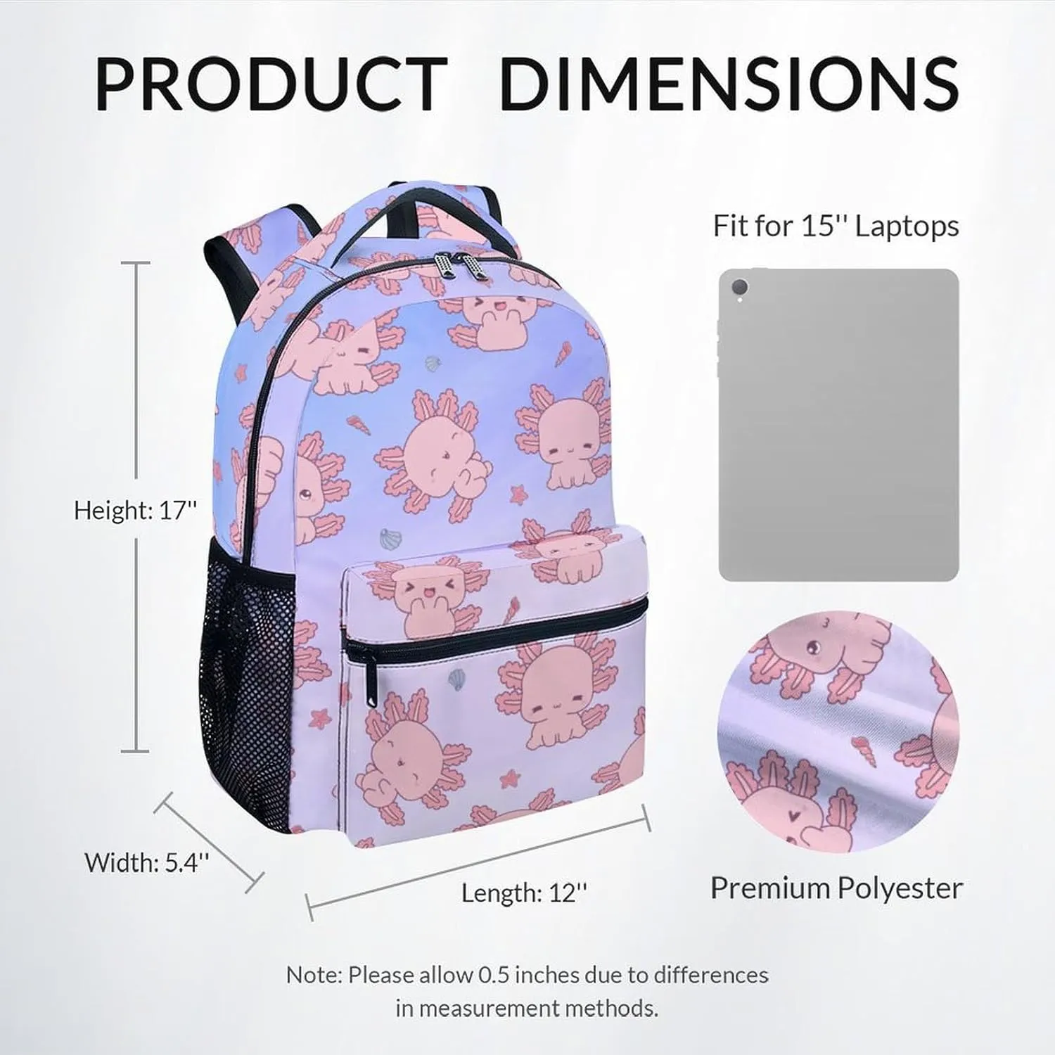 Girls Backpack - 17 Inch Large Capacity Axolotl Bookbag - Lightweight Kids' Backpacks for Elementary, Preschool & Travel