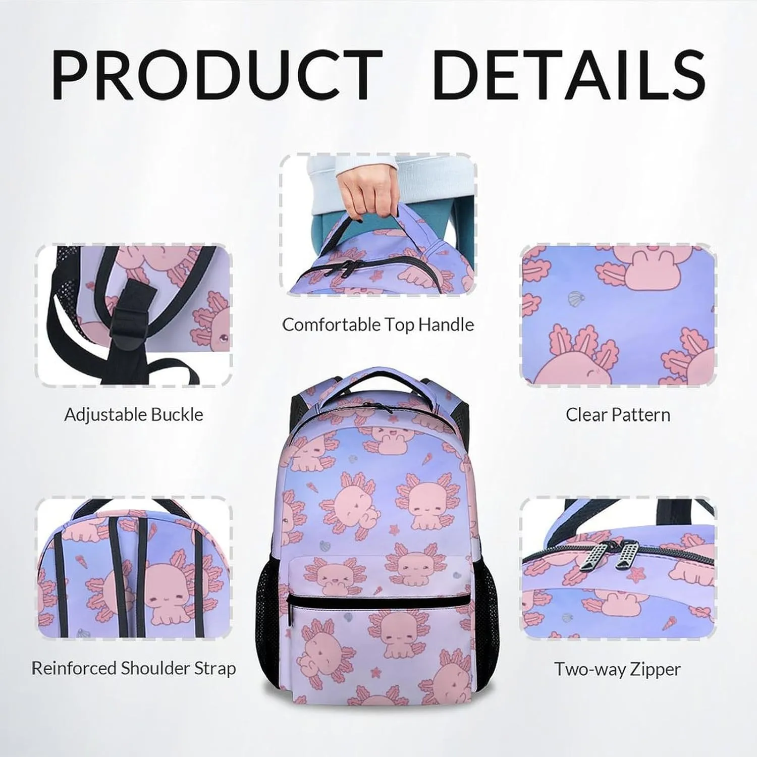 Girls Backpack - 17 Inch Large Capacity Axolotl Bookbag - Lightweight Kids' Backpacks for Elementary, Preschool & Travel