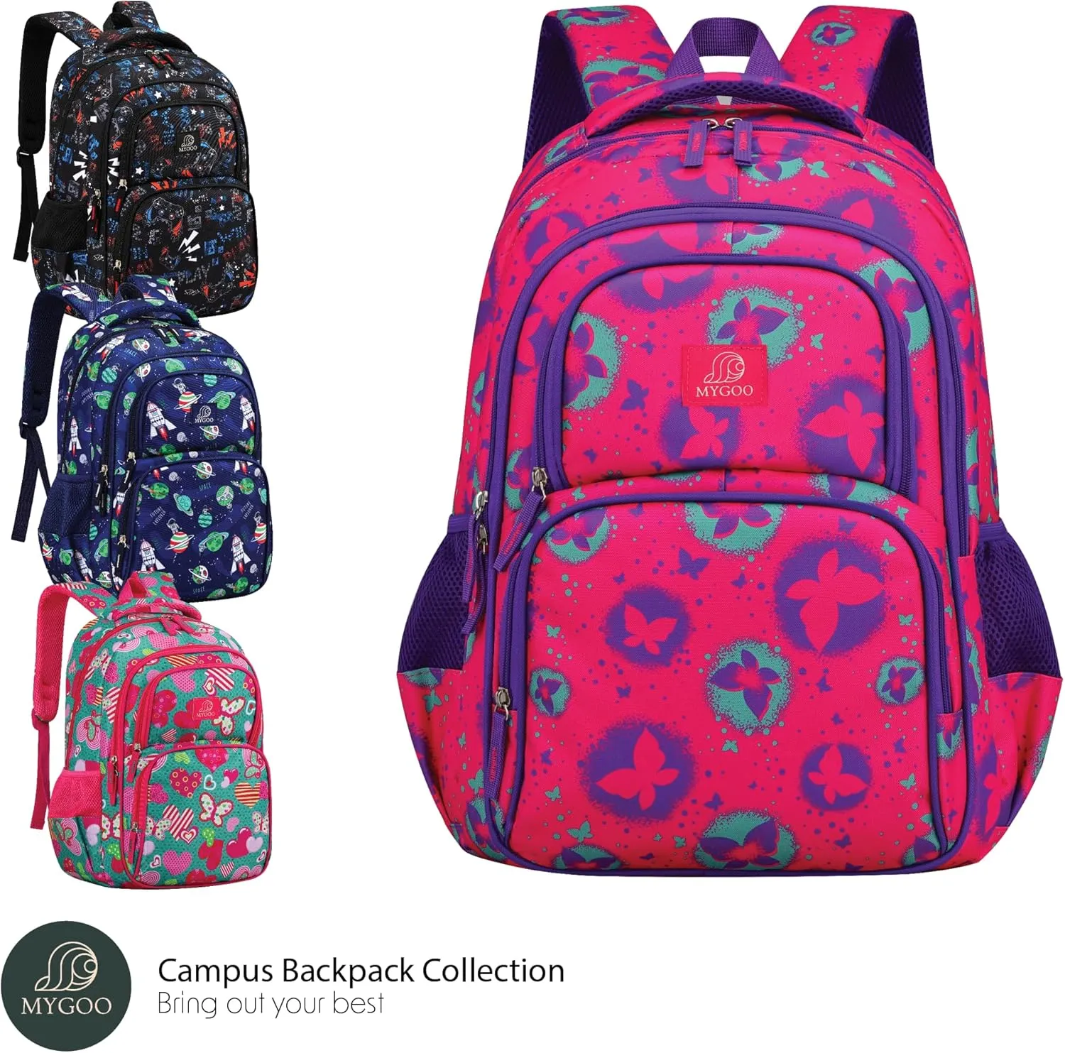 Girls Backpack - 17" Tall Primary School Bag, Campus Collection, Butterfly Magenta, 24L Capacity