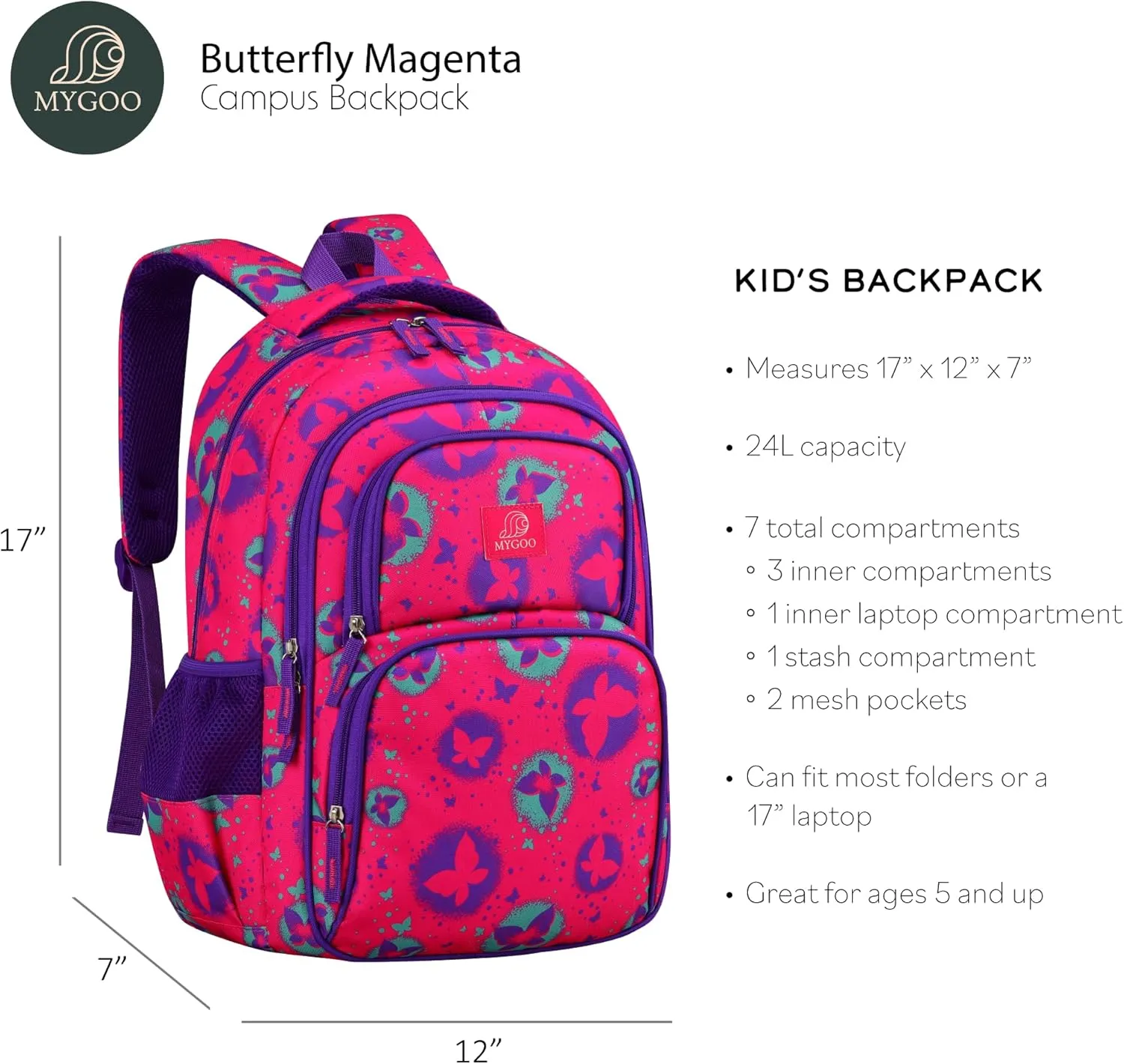 Girls Backpack - 17" Tall Primary School Bag, Campus Collection, Butterfly Magenta, 24L Capacity