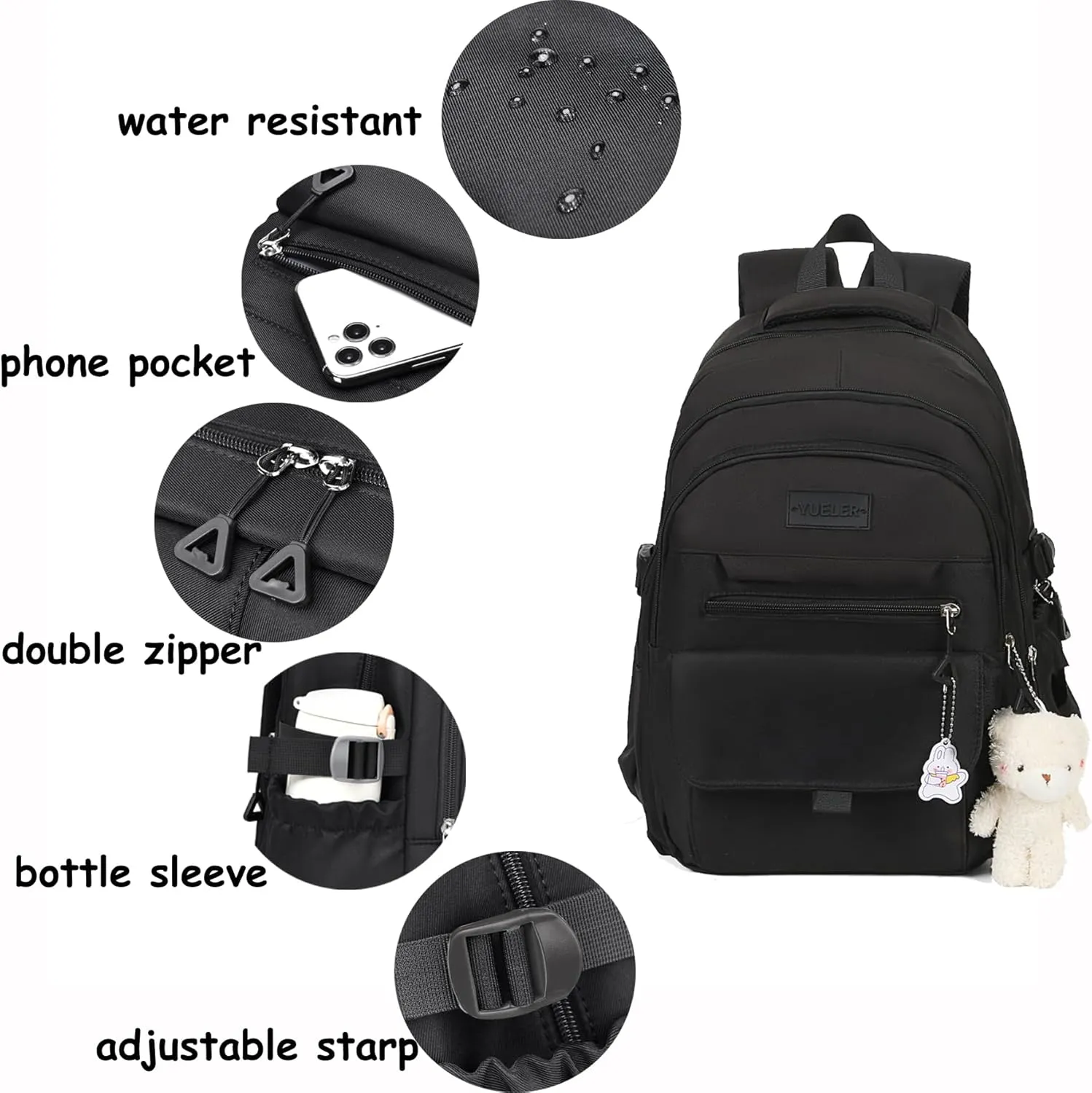 Girls Backpack for College High Middle School Student, Cute Aesthetic Bookbag for Teens Women with Accessories,Black
