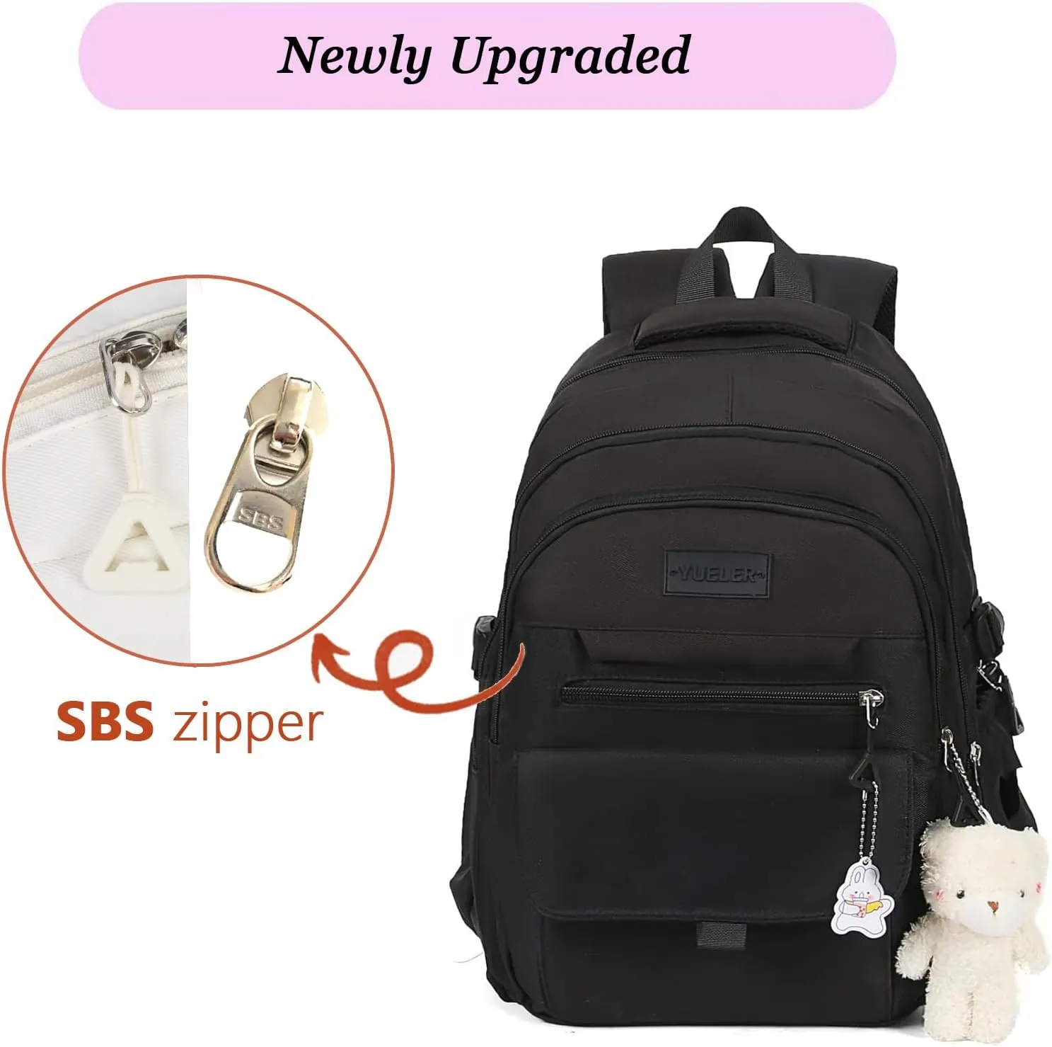 Girls Backpack for College High Middle School Student, Cute Aesthetic Bookbag for Teens Women with Accessories,Black
