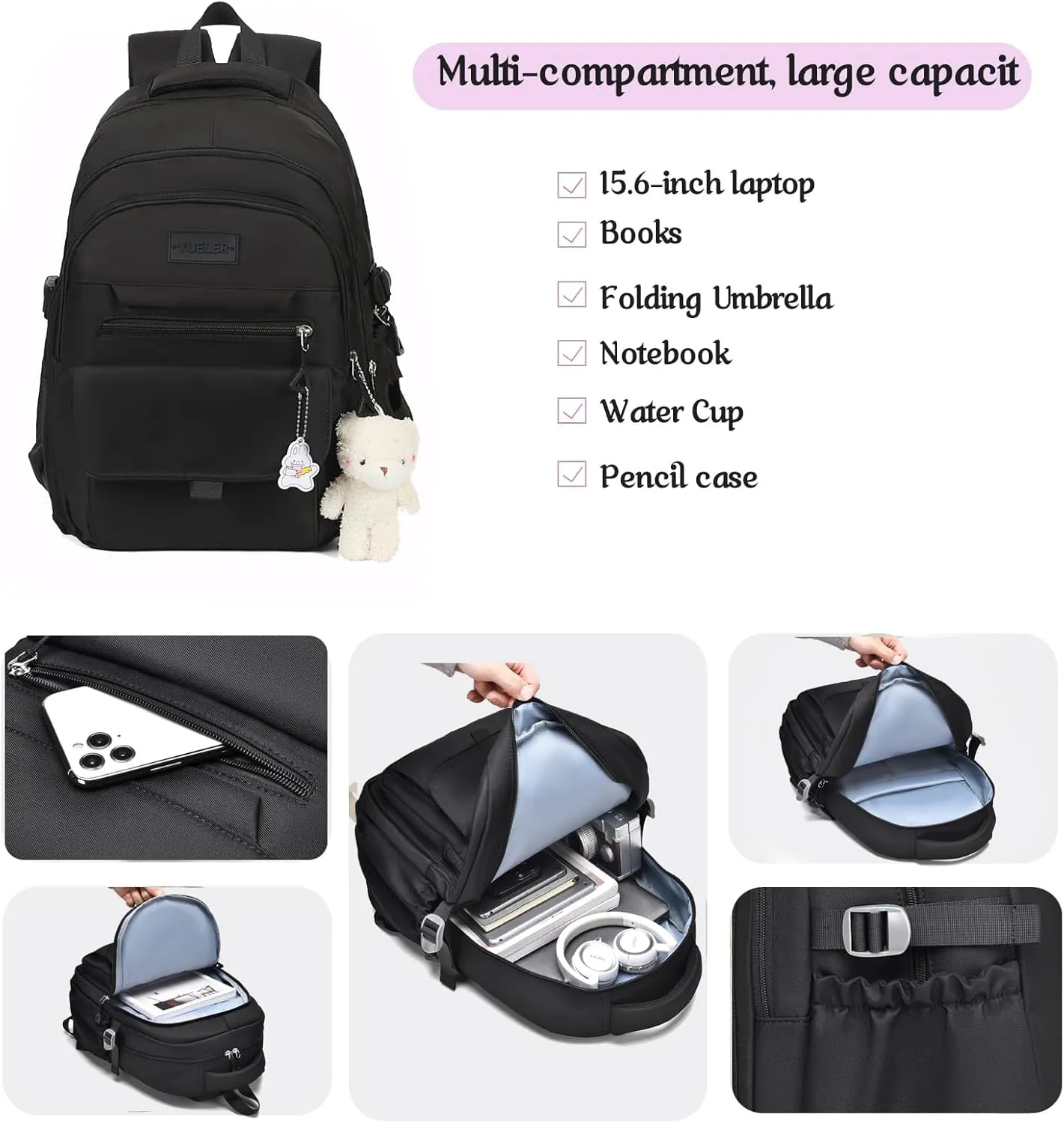 Girls Backpack for College High Middle School Student, Cute Aesthetic Bookbag for Teens Women with Accessories,Black