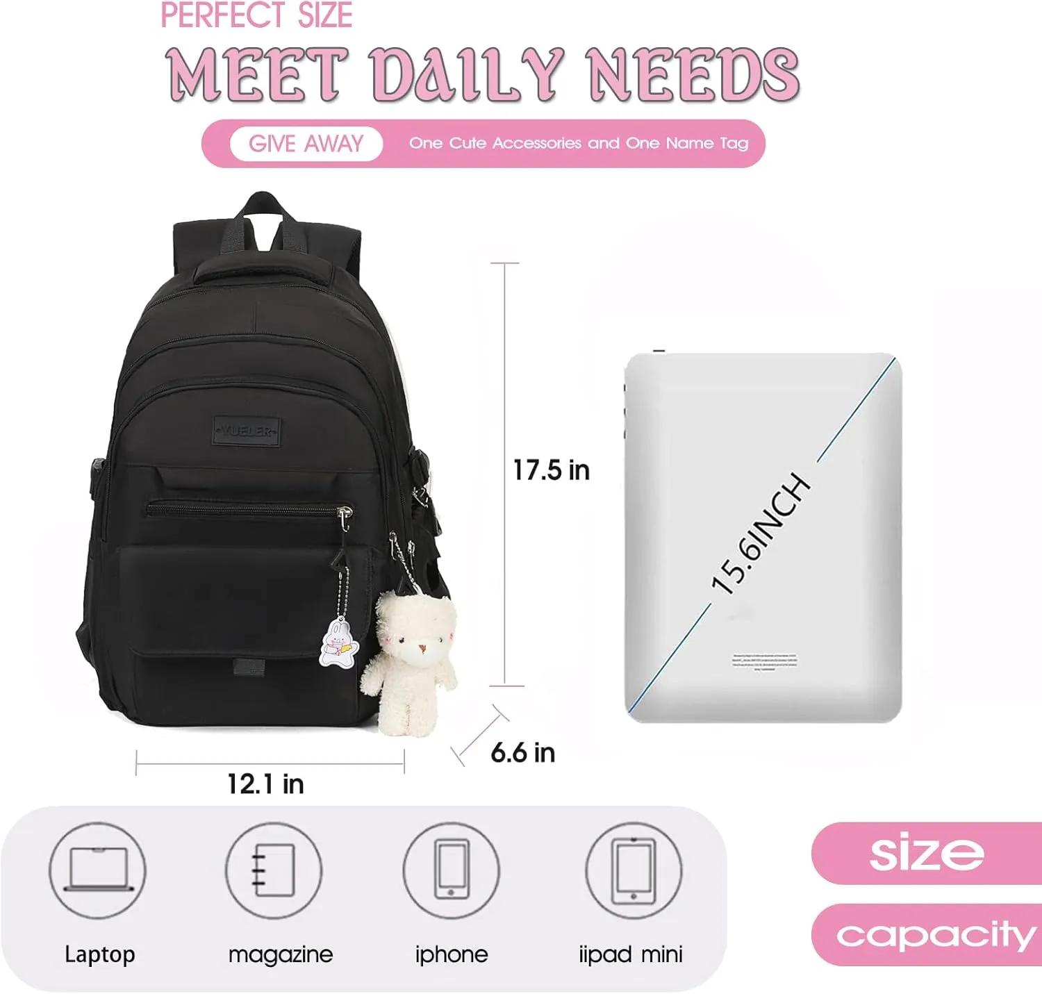 Girls Backpack for College High Middle School Student, Cute Aesthetic Bookbag for Teens Women with Accessories,Black