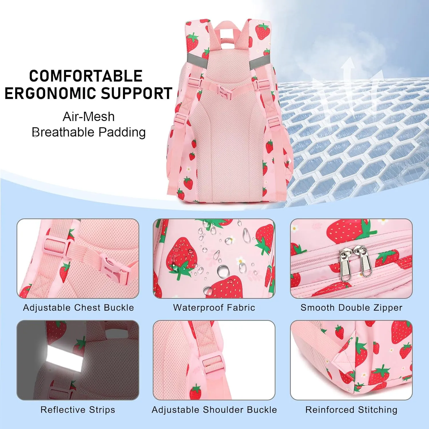 Girls Backpack - Kids School Bags for Middle School Students - Book Bag for Elementary Primary School (Strawberry)