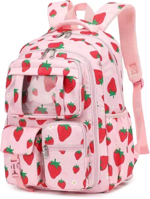 Girls Backpack - Kids School Bags for Middle School Students - Book Bag for Elementary Primary School (Strawberry)