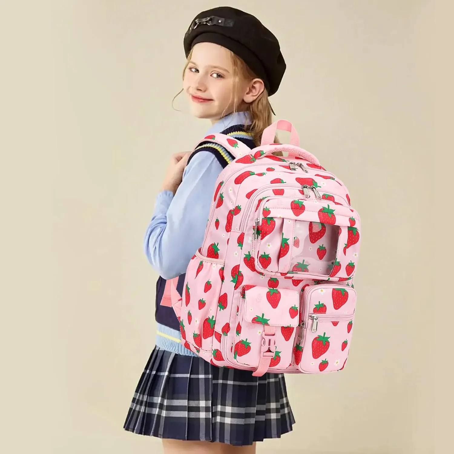 Girls Backpack - Kids School Bags for Middle School Students - Book Bag for Elementary Primary School (Strawberry)