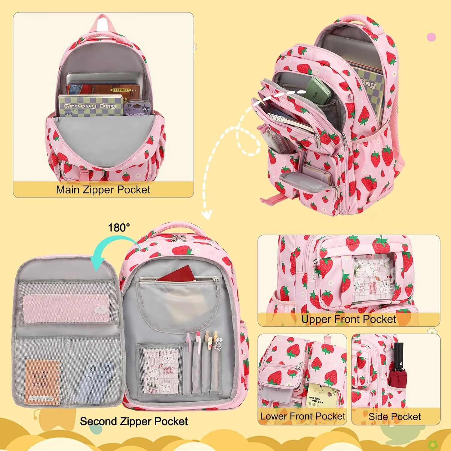 Girls Backpack - Kids School Bags for Middle School Students - Book Bag for Elementary Primary School (Strawberry)