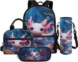 Girls Backpack with Lunch Box Axolotl Backpack for Preschool Girl Bookbag and Lunch Box Set for Kids Back to School Supplies Daypack Bag