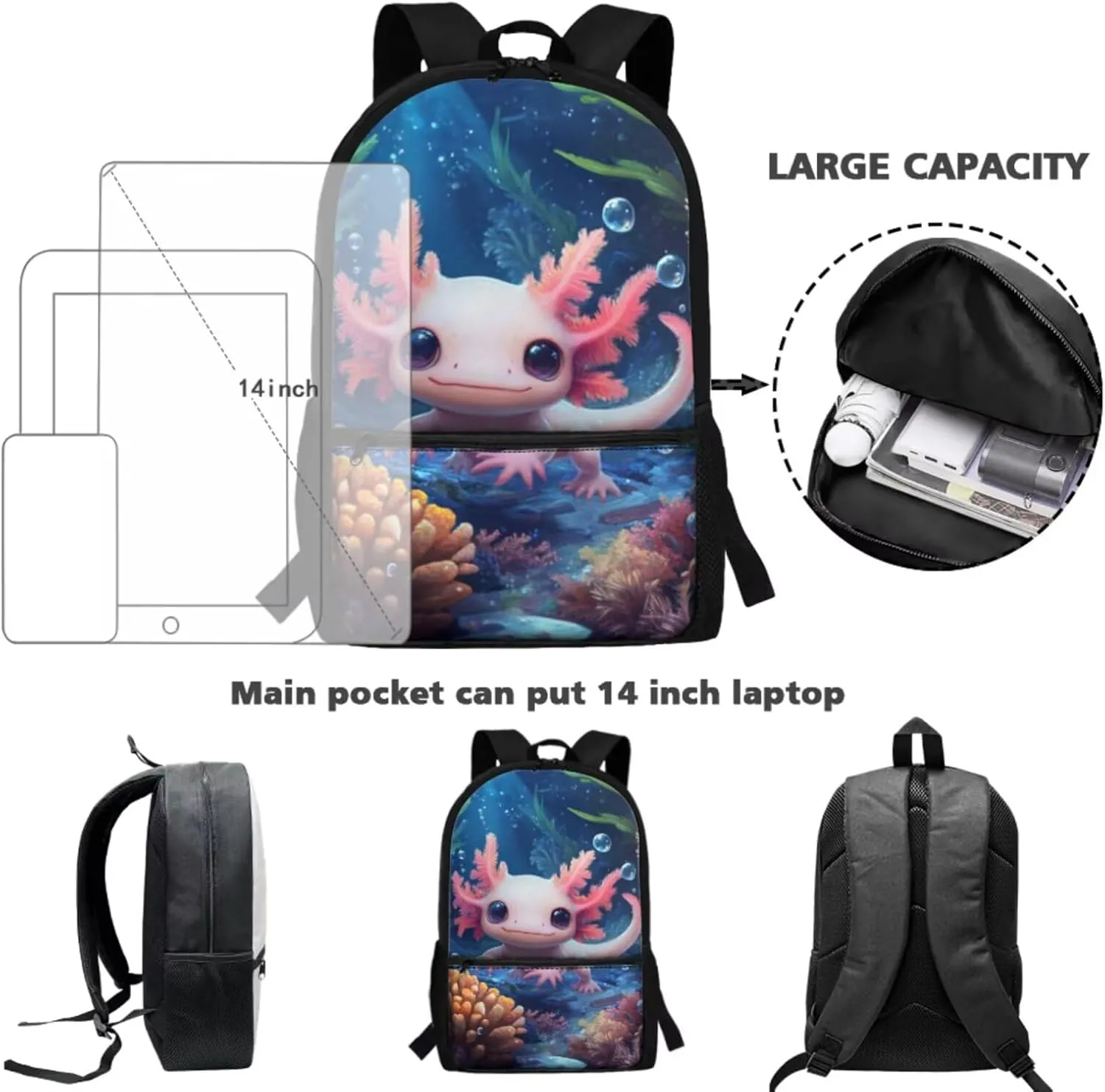 Girls Backpack with Lunch Box Axolotl Backpack for Preschool Girl Bookbag and Lunch Box Set for Kids Back to School Supplies Daypack Bag