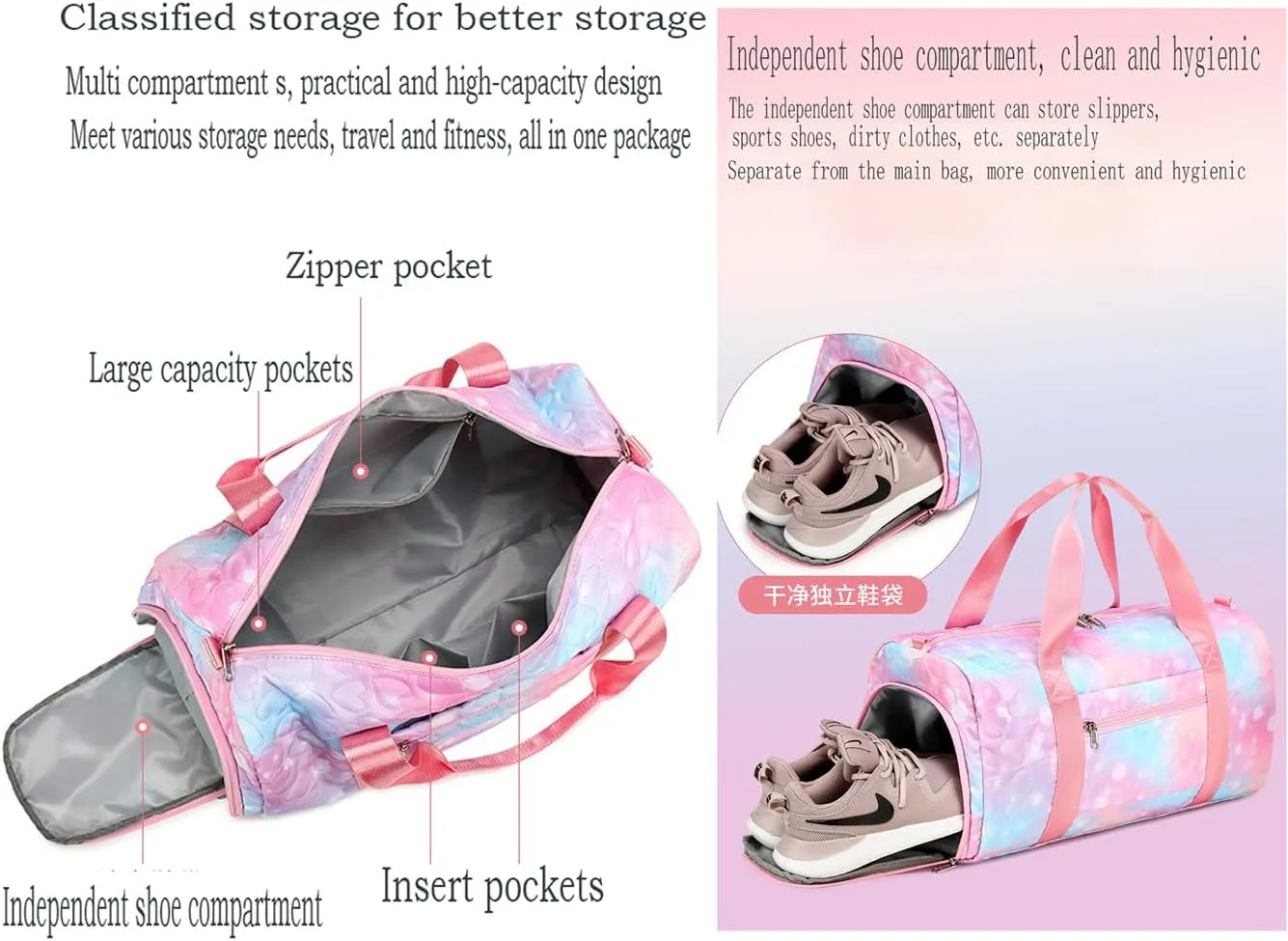Girls Dance Bag with Shoe Compartments,Gymnastics Bag Overnight Weekender Bag Teen Gym Bag Travel Duffle Sleepover Carry On Bag (Purple)