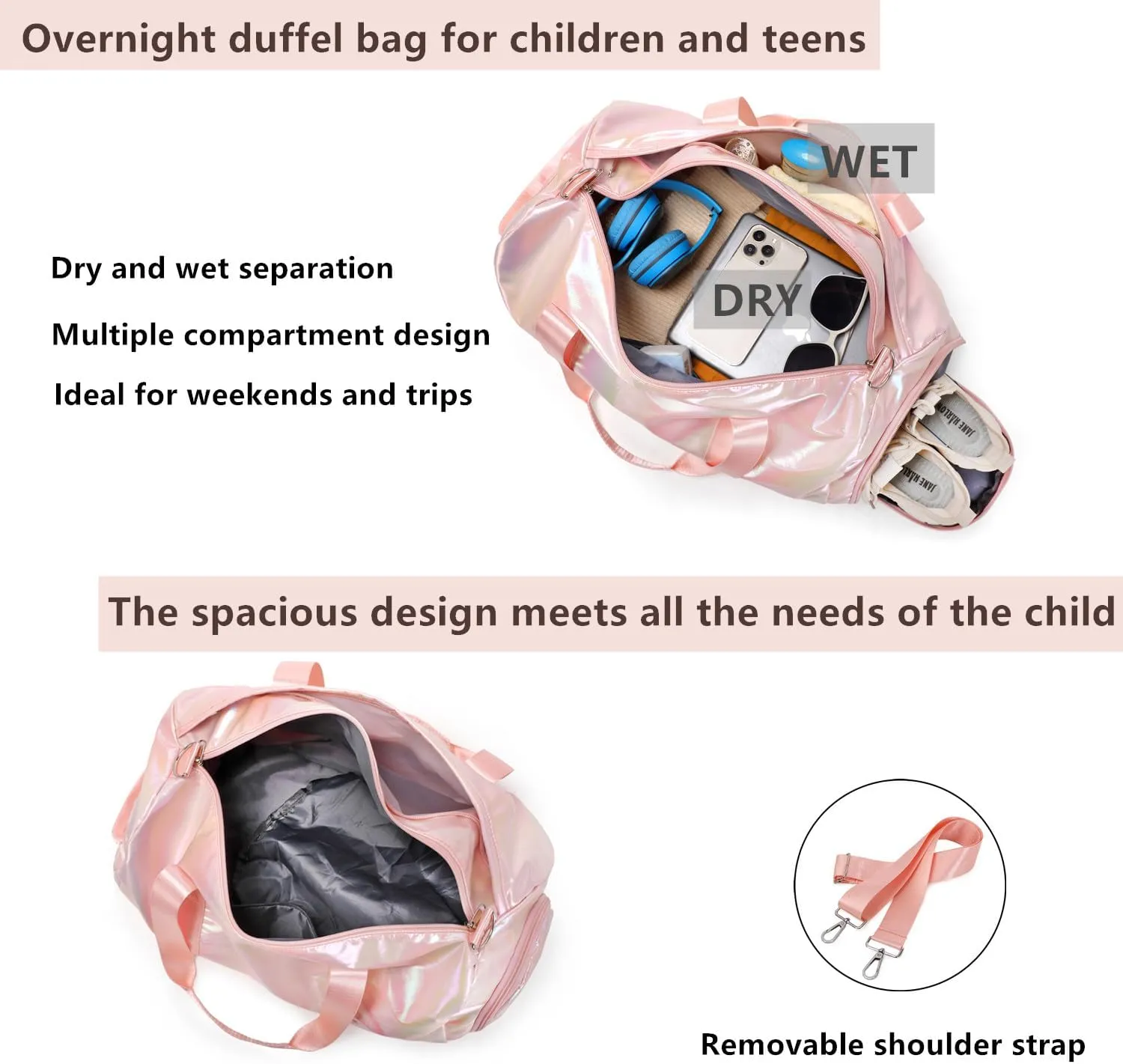 Girls Sports Duffel Bags Woman Travel Bag Overnight Duffle Bag Kids Sports Gym Bag With Shoe Compartment Wet Pocket (Matte Pink)