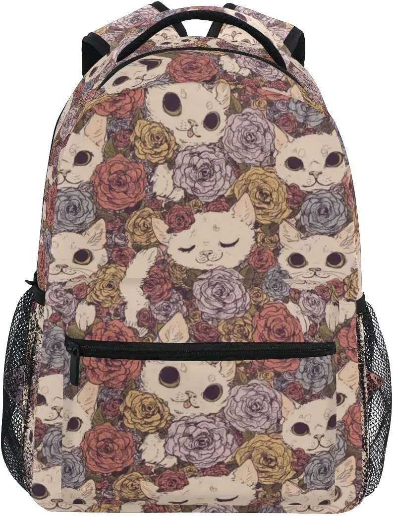 Giwawa Flower Cats Bookbag Cute Animal and Rose Pattern Schoolbag Business Laptop Roomy Backpack Daypack for Hiking Traveling Camping