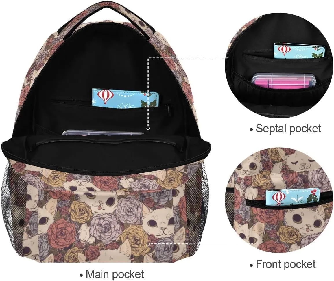Giwawa Flower Cats Bookbag Cute Animal and Rose Pattern Schoolbag Business Laptop Roomy Backpack Daypack for Hiking Traveling Camping