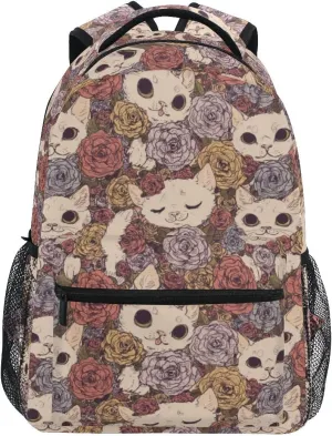 Giwawa Flower Cats Bookbag Cute Animal and Rose Pattern Schoolbag Business Laptop Roomy Backpack Daypack for Hiking Traveling Camping