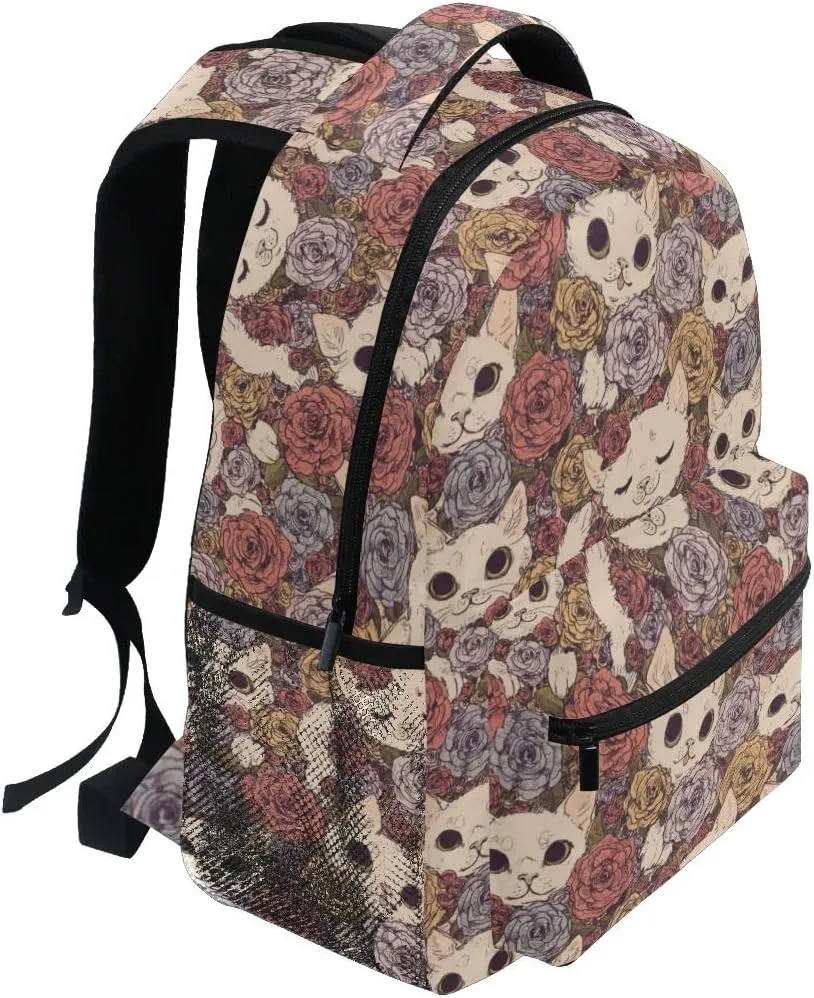 Giwawa Flower Cats Bookbag Cute Animal and Rose Pattern Schoolbag Business Laptop Roomy Backpack Daypack for Hiking Traveling Camping