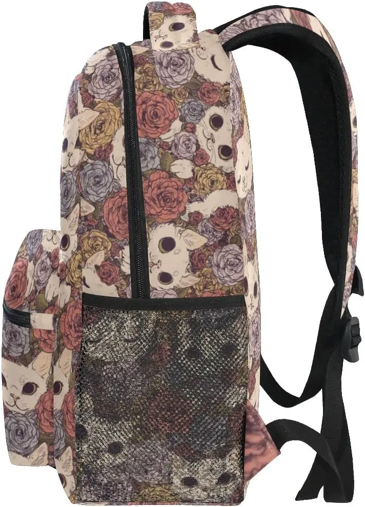 Giwawa Flower Cats Bookbag Cute Animal and Rose Pattern Schoolbag Business Laptop Roomy Backpack Daypack for Hiking Traveling Camping