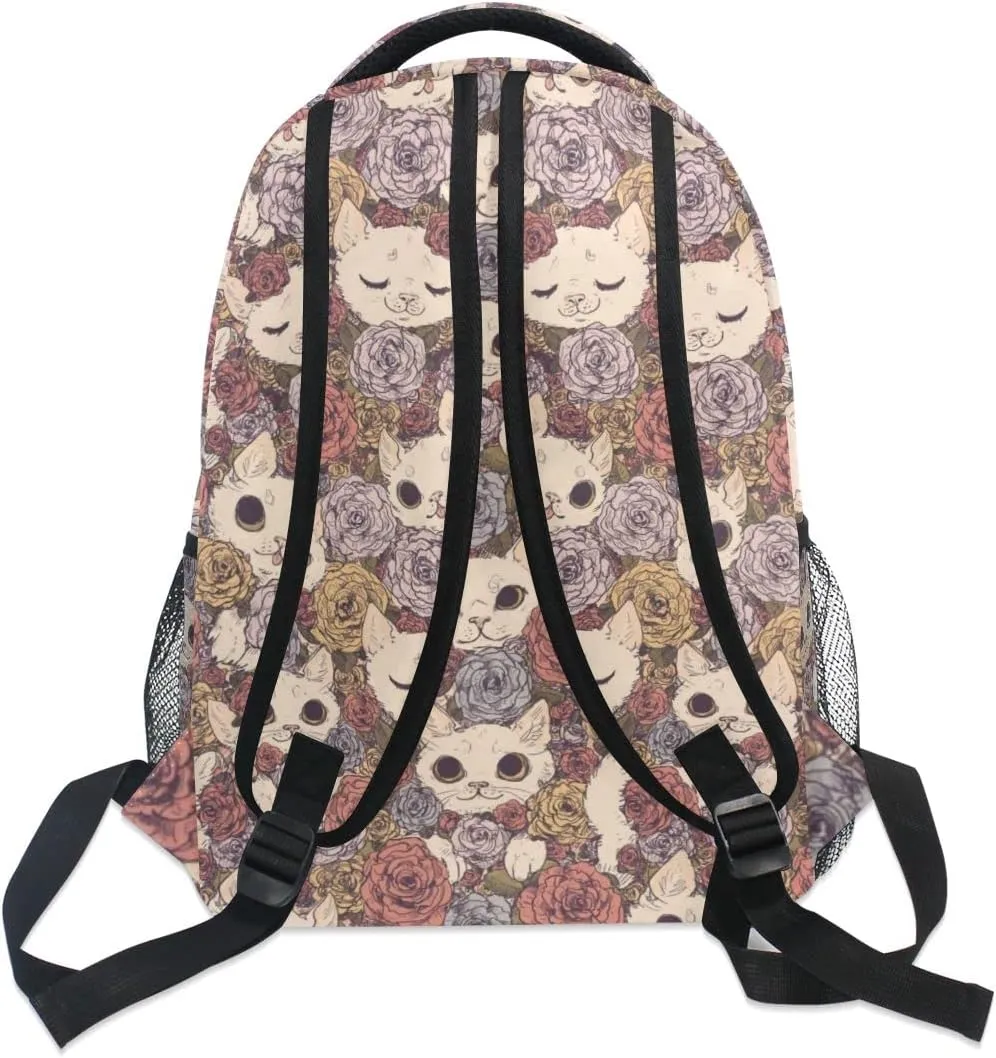Giwawa Flower Cats Bookbag Cute Animal and Rose Pattern Schoolbag Business Laptop Roomy Backpack Daypack for Hiking Traveling Camping
