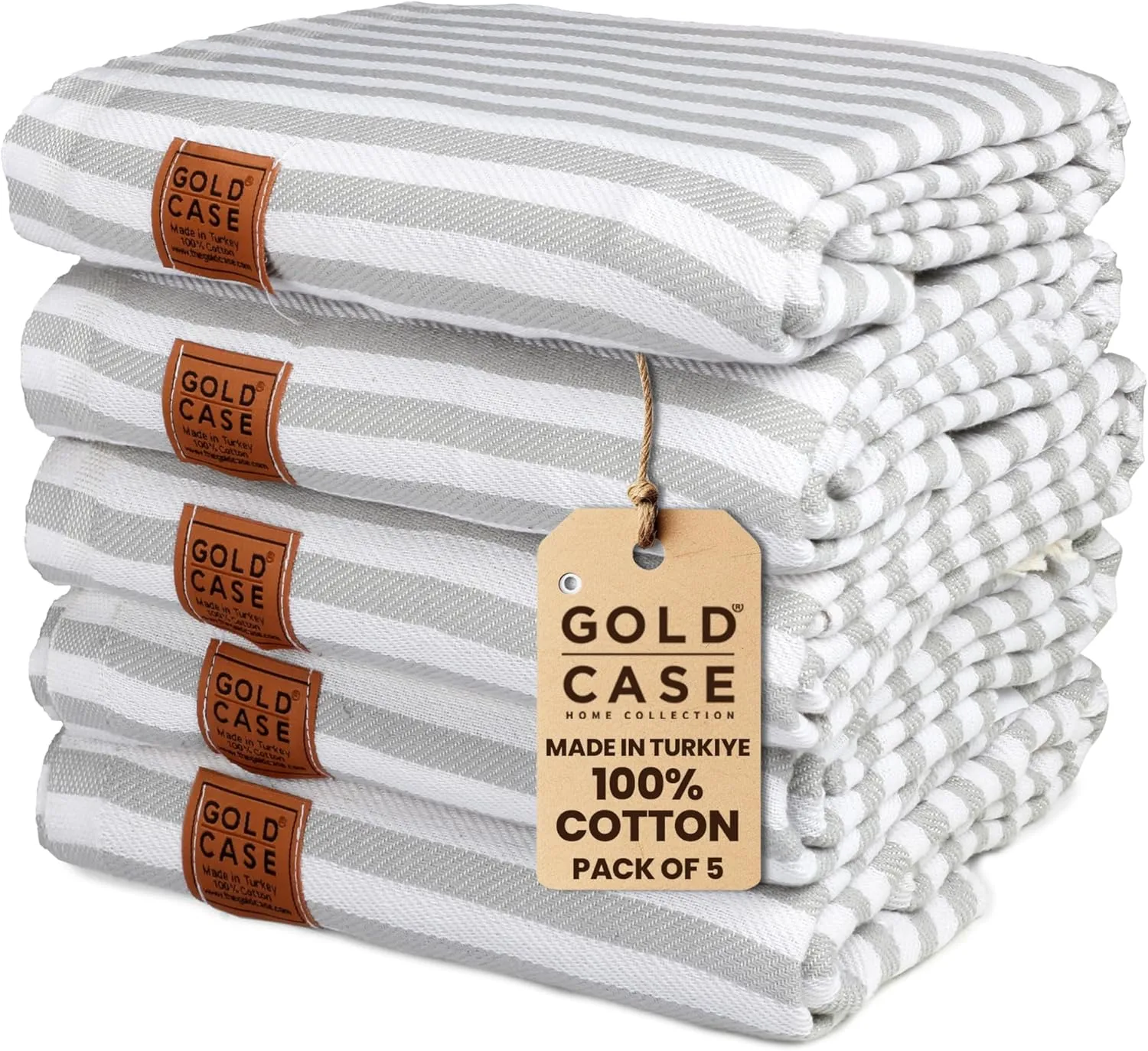Gold CASE Turkish Beach Towel Set of 5 – 100% Cotton Large Turkish Bath Towels 71 x 40'' – MYRA Oversized, Quick Dry & Sand Free Towels – Lightweight Peshtemal – Grey