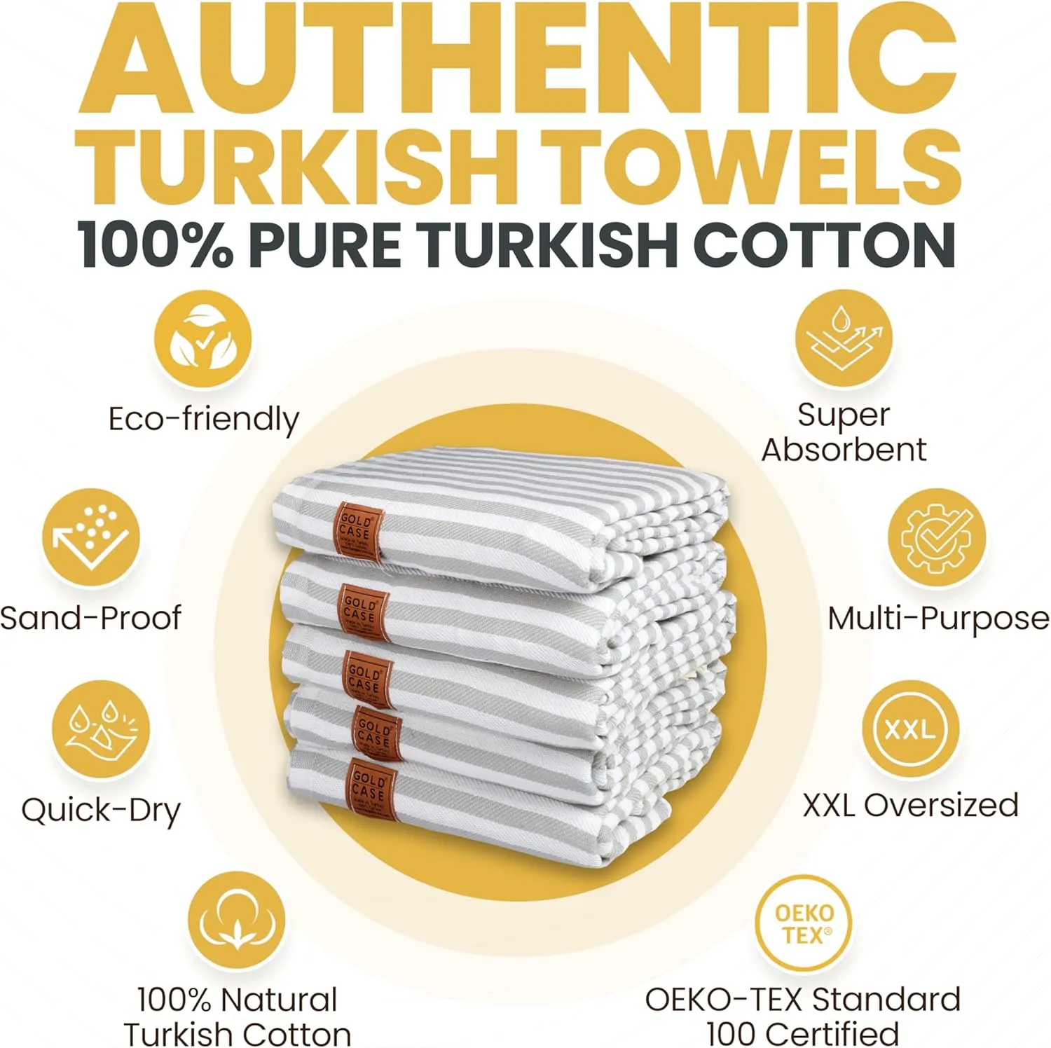 Gold CASE Turkish Beach Towel Set of 5 – 100% Cotton Large Turkish Bath Towels 71 x 40'' – MYRA Oversized, Quick Dry & Sand Free Towels – Lightweight Peshtemal – Grey