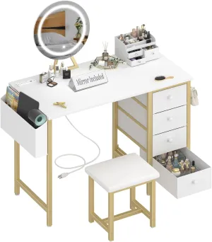 Gold Vanity Desk with Mirror and Light- Makeup Vanity Set Table with Chair, Storage, Lighted Mirror, 4 Large Fabric Drawers & Power Outlet, Dressing Table Vanities for Girls Bedroom
