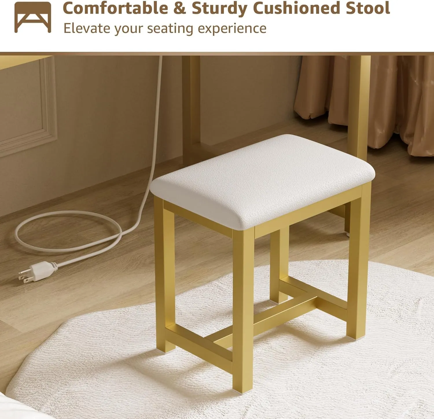 Gold Vanity Desk with Mirror and Light- Makeup Vanity Set Table with Chair, Storage, Lighted Mirror, 4 Large Fabric Drawers & Power Outlet, Dressing Table Vanities for Girls Bedroom