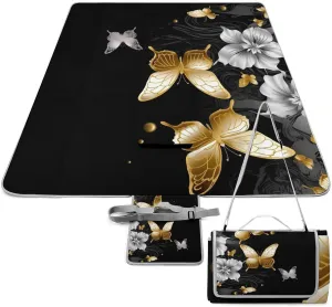 Gold White Butterflies Black Picnic Blanket Outdoor, Oversized Beach Blanket, Foldable Lightweight Waterproof Sand Cushion Suitable for Beaches, Camping Grasslands Mat