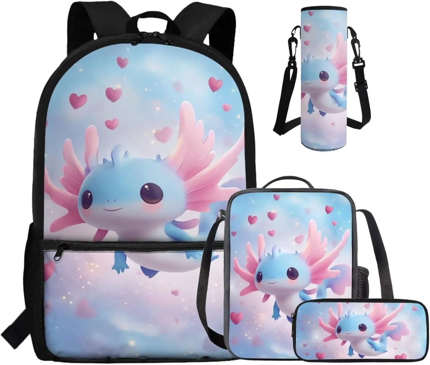 Gomyblomy Blue Pink Axolotl Backpack for Girls 6-8 8-10 Kawaii Girls Bookbag with Lunch Box Pencil Case Water Bottle Holder Large Capacity Kids School Bag Set of 4 Pcs Back to School Supplies