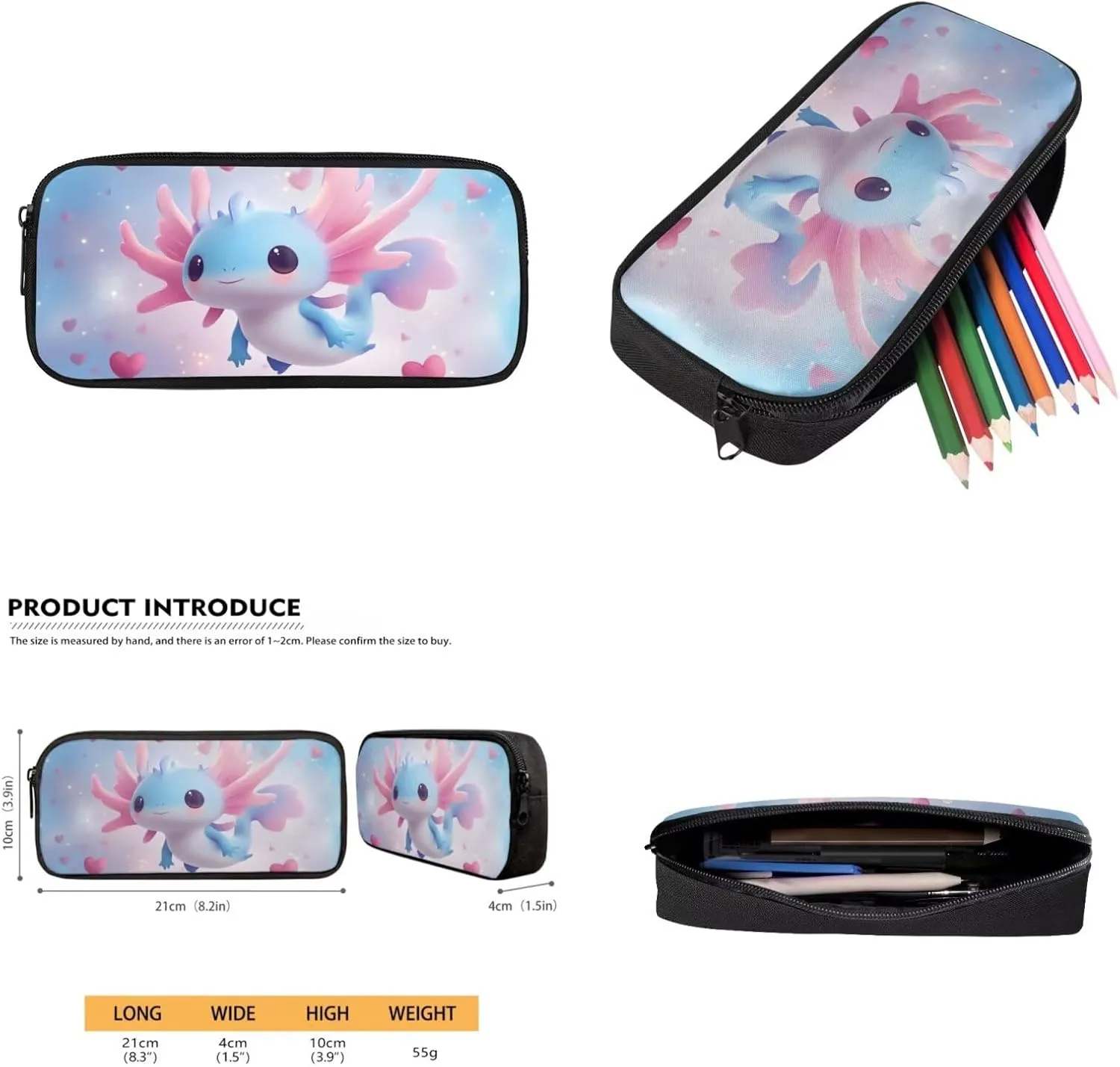 Gomyblomy Blue Pink Axolotl Backpack for Girls 6-8 8-10 Kawaii Girls Bookbag with Lunch Box Pencil Case Water Bottle Holder Large Capacity Kids School Bag Set of 4 Pcs Back to School Supplies