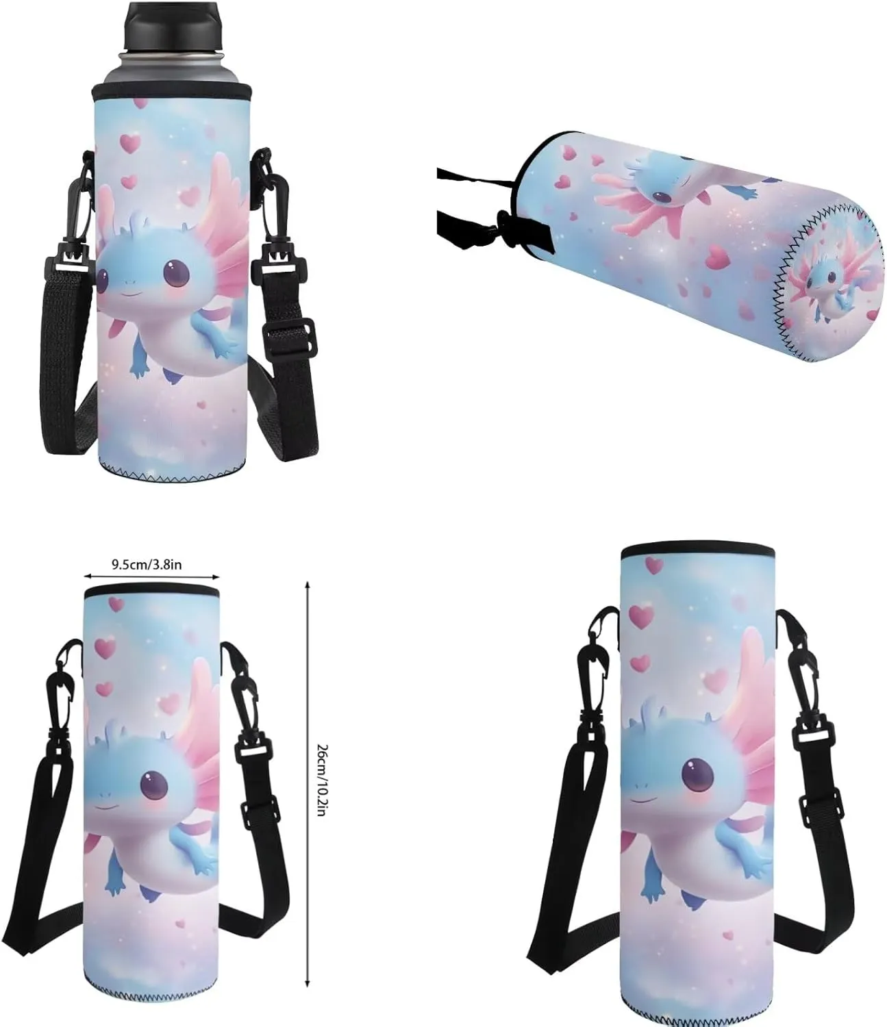 Gomyblomy Blue Pink Axolotl Backpack for Girls 6-8 8-10 Kawaii Girls Bookbag with Lunch Box Pencil Case Water Bottle Holder Large Capacity Kids School Bag Set of 4 Pcs Back to School Supplies